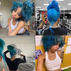 Blue Skunk Stripe, Blue Natural Hair, Short Dyed Hair, Teal Hair, Birthday Hairstyles, Dyed Hair Inspiration, Slick Hairstyles, Pretty Hair Color