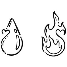 two black and white drawings of fire, one with a heart on it's side