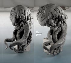 two pictures of an elephant statue with its trunk in the shape of a head and tail