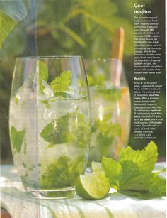 two glasses filled with ice and limeade on top of a white table covered in green leaves