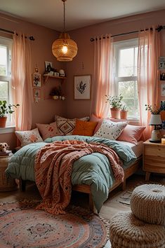 a bed room with a neatly made bed next to two windows and a rug on the floor