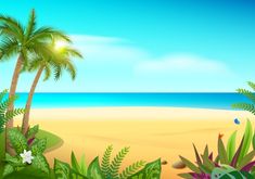 a tropical beach scene with palm trees and the ocean in the background is an illustration