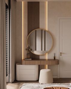 a modern dressing table with a round mirror and stool in front of it, next to a doorway