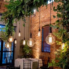 an indoor dining area with hanging lights and plants