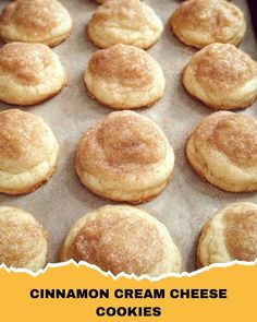 cinnamon cream cheese cookies on a baking sheet with the words, cinnamon cream cheese cookies