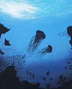 an underwater scene with jellyfish and other marine creatures painted on canvases by children