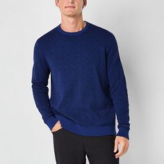 Woven in an intricate pattern, this men's pullover sweater from Stylus is a versatile cold-weather essential for your wardrobe. Made from soft cotton, it has a classic crew neckline, long sleeves, and ribbed trims. Pair it with suit pants or jeans.Closure Type: Pullover HeadFit: Regular FitNeckline: Crew NeckSleeve Length: Long SleeveApparel Length: 27 Inches - FrontFiber Content: 100% CottonCare: Tumble Dry, Machine WashCountry of Origin: Imported Mens Pullover Sweater, Men's Pullover, Small Sweater, Long Sleeve Pullover Sweater, Suit Pants, Mens Crew Neck, Pullover Men, Blue Sweaters, This Man