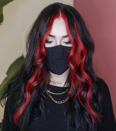 Dark Red Hair Color With Money Piece, Colored Hair Money Piece, From Black Hair To Red, Color Money Piece Hair Brunette, Deep Red Money Piece Hair, Black Colorful Hair, Halloween Money Piece Hair, Money Bag Hair Color, Dark Red Hair With Bright Red Money Piece