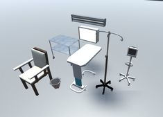 three chairs and two tables are shown in this 3d image, with one chair facing the camera