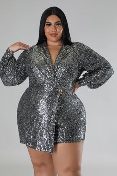 Semi-stretch romper Collar Long sleeves Sequin Clasp closure 90% polyester 10% spandex Hand wash cold Model is wearing a 2X MODEL STATS Height: 5.6" Bust: 45" / Waist: 36" / Hips: 54" Jumpsuits Elegant, Plus Size Short Dresses, Jumpsuit Styles, Jesenia Perez, Black Jumpsuits, Grey Street, Skirt And Top Dress, Denim Jumpsuits, Romper Designs