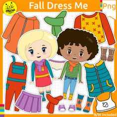 Create fall/autumn clothing resources with this Dress up kids clipart set, which has 180 total images! You can create with 12 different children (same in my spring, and summer dress me - products) and a great variety of clothes in different colors. All images have been created to fit the paper dolls included in the set. Multicultural kids with different skin colors, hair, and eyes. You can see the designs in the 4th thumbnail.* You will have to resize images a little to fit the clothes, please e Colors Hair, Overall Skirt, Autumn Clothing, Skin Colors, Girl Clipart, Kids Clipart, Autumn Dress, Art Dress, Skin Color