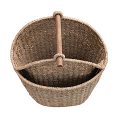 an empty wicker basket with a wooden stick sticking out of the top, isolated on a white background