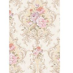 an old fashioned wallpaper with pink flowers and scrolls on the side, in pastel tones