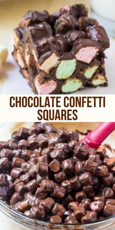 chocolate confetti squares in a glass bowl with the words, chocolate confetti squares