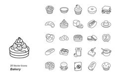 the 25 bakery icons are shown in black and white, with one line drawn on it