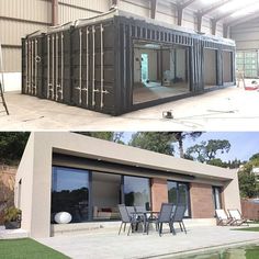 two pictures side by side of a house made out of shipping containers