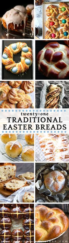 different types of breads and pastries are shown in this collage with the words traditional easter breads