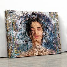 an abstract painting of a woman's face with her eyes closed and hair blowing in the wind