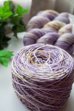 two skeins of yarn sitting on top of a table next to green leaves