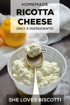 homemade ricotta cheese in a white bowl with a spoon