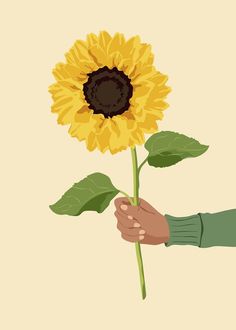 Sunflower Cartoon Aesthetic, Giving Flowers Drawing, Aesthetic Sunflower Background, Sunflower Illustration Art, Sunflowers Illustration, Aesthetic Vector, Hand Holding Flower, Aesthetic Sunflower, Flower Vector Art