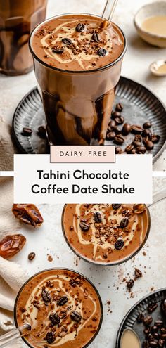 two cups of tahini chocolate coffee with nuts and caramel on the rims