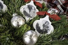 some ornaments are hanging from a christmas tree