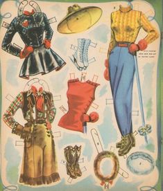 an old paper doll's clothes and accessories from the 1950's