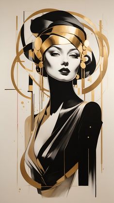 an abstract painting of a woman in black and gold