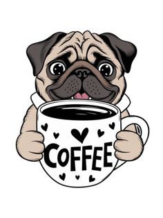 a pug dog holding a coffee cup