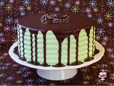 a chocolate cake with green frosting on a white platter and snowflakes