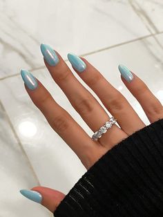 Nail Color Ideas Summer 2023, Cute Acrylic Nails Chrome, Nail Inspo Summer Acrylic, Summer Nails Medium Length Almond, Solid Almond Nails Summer, Summer Chrome Nails Colors, Almond Nails Blue Chrome, Chrome Aqua Nails, Metallic Light Blue Nails