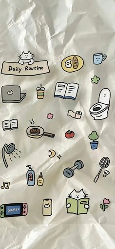 a bunch of stickers that are on a piece of plastic wrapper with the words daily routine written above them