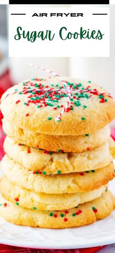 a stack of sugar cookies with sprinkles on top and the title above it