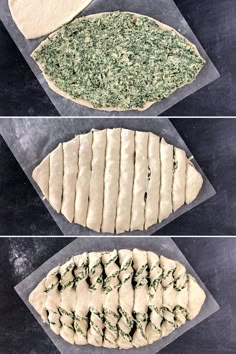 four different stages of making pizza dough with spinach and cheese on top, from left to right