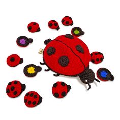 a crocheted ladybug is surrounded by small black and red buttons