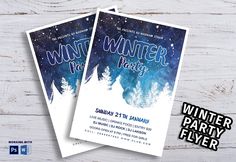 the winter party flyer is displayed on a wooden table with snow covered trees and stars