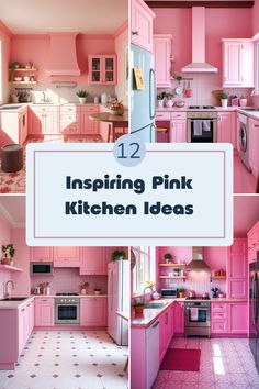 pink kitchen decor with text overlay that reads, 12 amazing pink kitchen design ideas