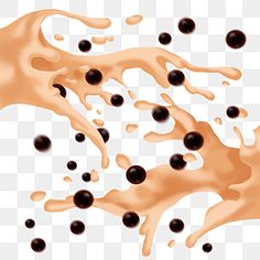 an orange liquid splashing down the side of a white background, with black dots on it