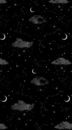 the night sky with stars, clouds and crescents in black and white colors on a dark background