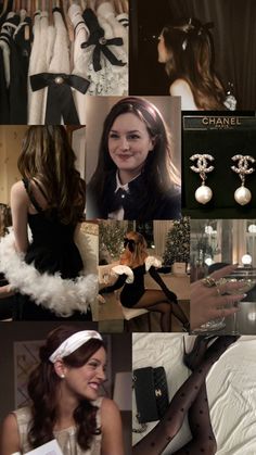 a collage of photos with women in black and white outfits, pearls, hair clips, and accessories