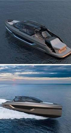 two pictures side by side of a speed boat and a motorboat