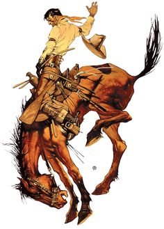 a man riding on the back of a brown horse next to a white background with an image of a cowboy