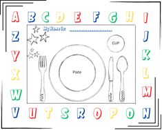 a place setting with letters and numbers on the table for children to color, including utensils