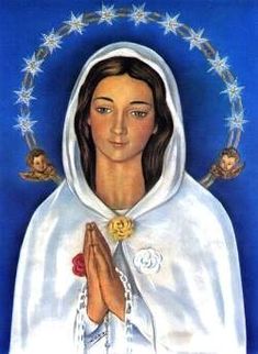 an image of the immaculate mary with her hands folded in front of her face and surrounded by stars