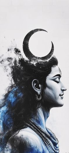 an artistic painting of a woman with a crescent on her head and the moon above her head