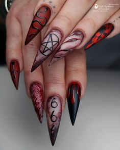 Demon Acrylic Nails, Dark Red Spooky Nails, Demonic Nail Art, Nail Ideas Horror, Halloween Nails Red Black, Evil Nail Designs, Demon Nail Art, Goth Toe Nail Designs, Gore Halloween Nails