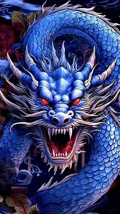 a painting of a blue dragon with red eyes