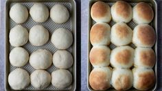 two pans filled with bread rolls on top of a counter