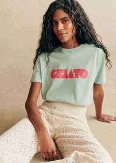 Short-sleeved organic cotton T-shirt;\"Gelato\" print on chest;Crew neck;Length from the shoulder: 60 cm (on a size S) Lifestyle Dresses, Sea Green, Swimwear Accessories, Blouse Dress, Parisian Style, Cotton T Shirt, Occasion Wear, Printed Shirts, Top Shirt